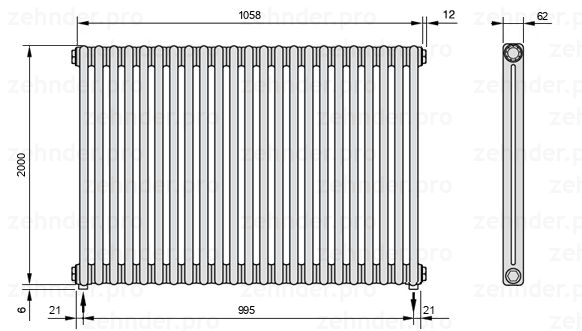 Схема (чертеж) Радиатор Zehnder Charleston 2200/23 №5310 Белый глянцевый RAL 9016